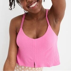 AERIE Ribbed Pink Floral Crochet Back Crop Top!!